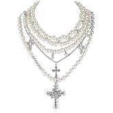 Pearl Choker Necklace for Women Statement Gothic Cross Stacked Necklace Y2K Layered Necklace for Women