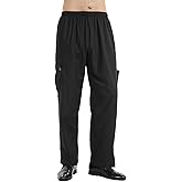 TopTie Men's Black Baggy Chef Pant with Elastic Waist Restaurant Work Pants