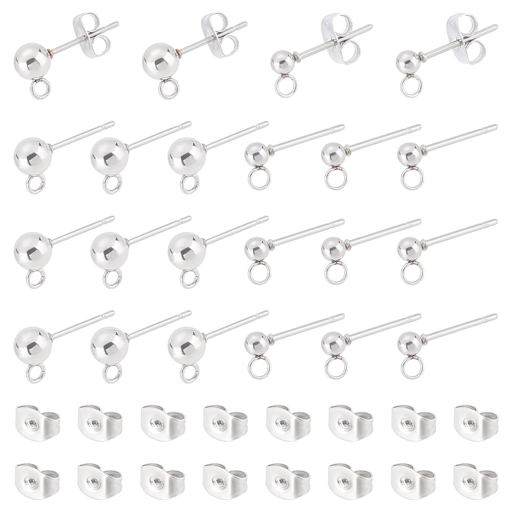 UNICRAFTALE 80pcs 2 Colors 2 Sizes Stainless Steel Stud Earrings Kits 304 Stainless Steel Ball Post Ear Stud Findings with Loop and Ear Nuts Round Ball Stud Earrings for Earring Making