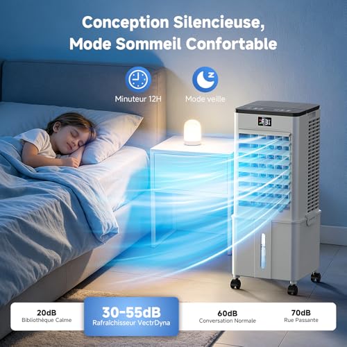 Upgraded 10L Silent Mobile Air Conditioner, 4-in-1 Air Cooler, Remote Control, 12H Timer, 3 Speed, Oscillation, Portable Air Conditioner for Camping Bedroom Kitchen (Elegant White)