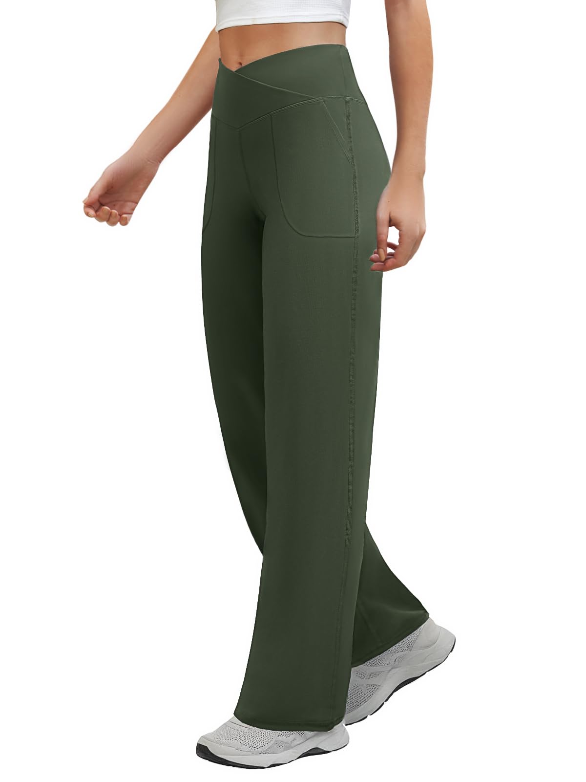COPYLEAF Wide Leg Pants Woman Crossover Yoga Pants with Pockets Loose Stretchy Work Dress Pants Casual Lounge Sweatpants(Army Green S)