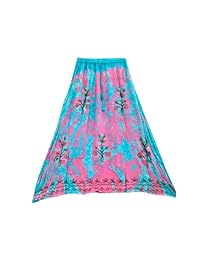 Mogul Womens Boho Handkerchief skirt Embroidered Blue Pink Maxi Skirt L