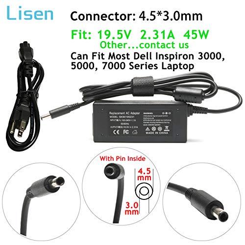 Lisen 19.5V 2.31A 45W AC Laptop Adapter Charger Replacement For Dell Inspiron 11 13 14 15 17 3000 5000 7000:3552 3558 3452 5555 5558 5559 5565 5567 5568 5578 7579 3451 5368 7378 3168 492-BBOF