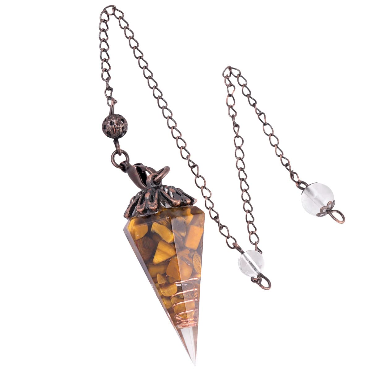 Nupuyai Tiger's Eye Vintage Crystal Point Dowsing Pendulum for Divination Scrying, Healing Faceted Hexagonal Resin Chip Stone Pendulum with Chain