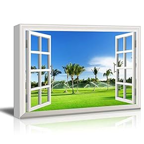 Canvas Print Wall Art - Window Frame Style Wall Art - Tropical Landscape with Palm Trees | Giclee Print Gallery Wrap Modern Home Decor. Stretched & Ready to Hang - 24" x 36"