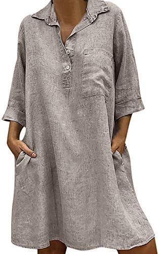 Women's Cotton Linen Solid Bohemian Dress,Casual Loose 3/4 Sleeve Button Turn Down Collar Tunic Top Dress Pocket