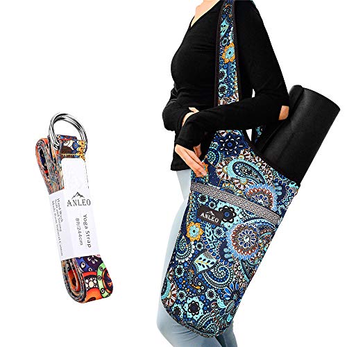 Anleo Yoga Mat Bag + Yoga Strap Set, Heavy Duty Cotton Shoulder/Cross-Body Yoga Mat Carry Bag with Large Size Outside Pocket and Inside Zipper Pocket, Fit Most Size Mats
