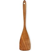 Flat Wood Spatula, EOHASA 12 inch Non Toxic Wooden Spatula for Cooking, Handcrafted Teak Wood Curved Turner Spurtle for Non Stick Pan, Safe Long Handle Cooking Utensils - Scraper for Kitchen Use