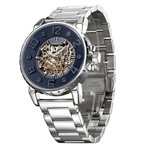 HEMSUT Automatic Watch Men 316L Stainless Steel Self Wind Movement Water Resistant Blue Dial (Silver Blue) (Blue)