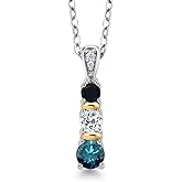 Gem Stone King 925 Silver and 10K Yellow Gold Round Blue Diamond White Topaz and Black Onyx Pendant Necklace For Women (0.59 Cttw, Gemstone April Birthstone, with 18 Inch Chain)