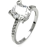Rhodium Plated Sterling Silver 925 Oval Clear CZ Center Ring Band Sizes 5-9