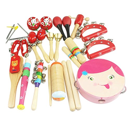 Happy Cherry 16 Piece Wooden Roll Drum Musical Toy Instruments Kit for Kids Children and Baby Gift Set - Pink - Thumbnail 5