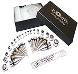 bOdfx Stainless Ear Gauges Stretching Kit + Piercing Balm - 36 Piece Stainless Tapers & Tunnels. 14g-00g
