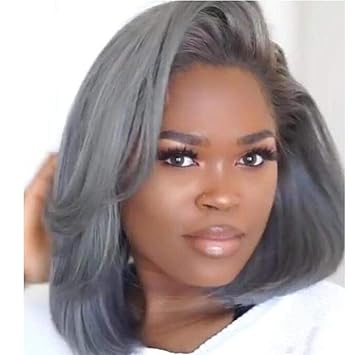 Auwigs Short Grey Bob Wigs For Black Women Silver Gray Synthetic Straight Side Part Full Head Cosplay Heat Resistant Wig 13 120g