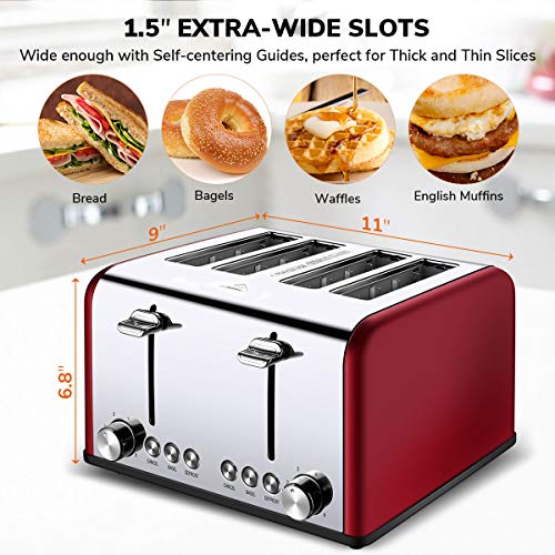 4 Slice Toaster, CUSIBOX Extra Wide Slots Stainless Steel Four Slice Toaster, BAGEL/DEFROST/CANCEL Function, 1650W, Red - Thumbnail 3