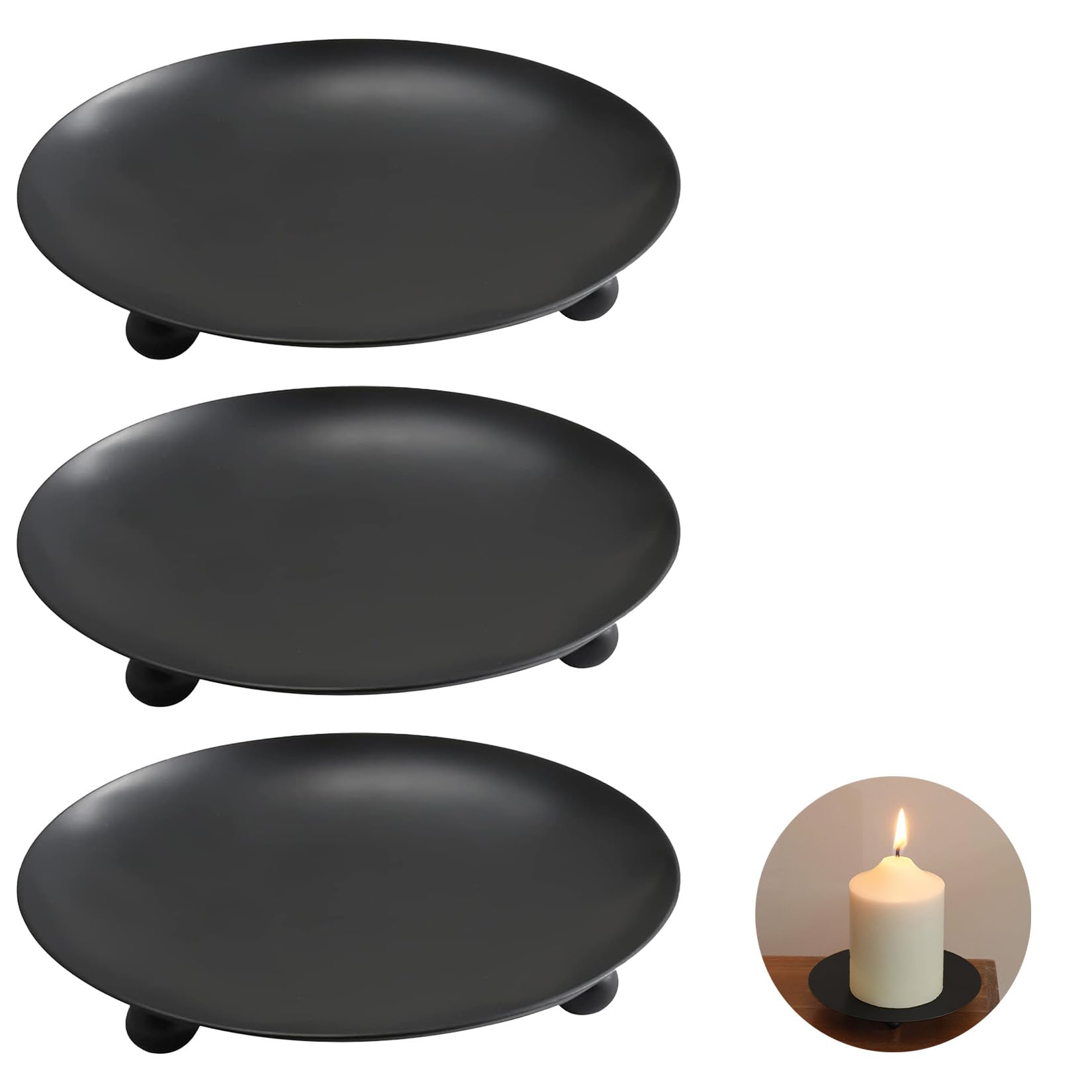 Ewwtrey 3 Pcs Candle Holders for Pillar Candles, Pillar Candle Holders, Black Candle Stand, Metal Round Candle Plates and Trays,Pillar Church Candle Dish for Thanksgiving Wedding Party Room
