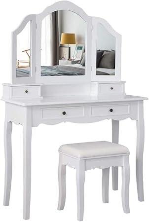 Meerveil Dressing Table Vanity Desk Set With 3 Folding Mirror 4 Drawers And Stool Mdf Painted White For Adult And Girls Amazon Co Uk Kitchen Home
