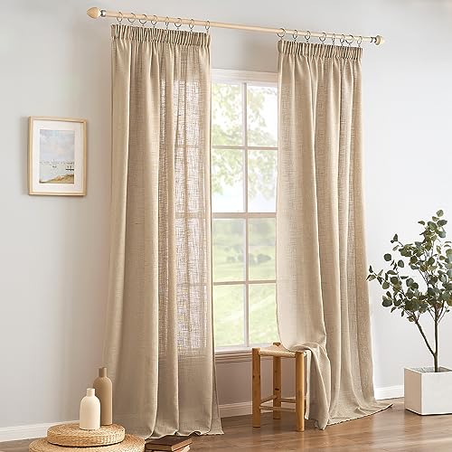 Woaboy Linen Curtains with Frunction Tape Curtains Bedroom Window Translucent Modern Curtains for Living Room Bedroom 2 Pieces 140 x 245 cm Beige