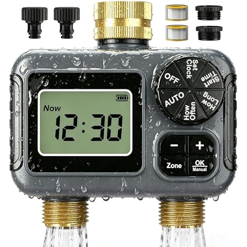 IPX5 Waterproof Automatic Watering Timer with Brass Input and Output, Rain Delay, Automatic and Manual Watering, Irrigation Timer for Garden Lawn