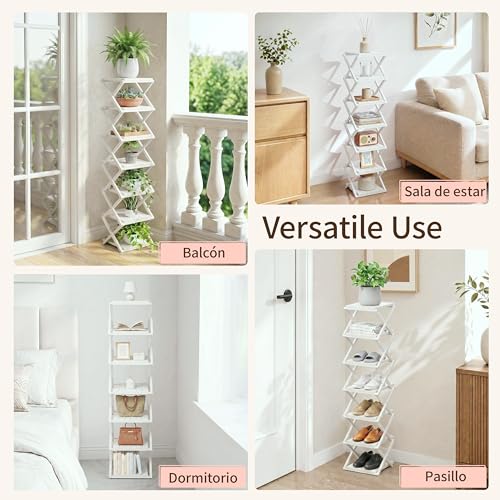 Veekovo Zapatero Vertical Estrechom, Zapatero Plegable portátil, sin instalación, Zapatero pequeño, pasillos, dormitorios y Espacios pequeños (Blanco, 7 Tier)