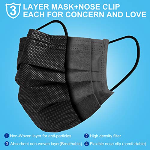 Black Disposable Face Masks, 100 Pcs Black Face Masks 3 Ply Filter