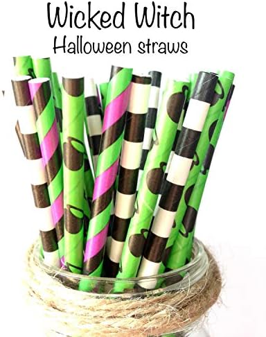 Black, purple and green paper straws-set of 50- wicked party, goosebumps party, witch caldron, witch legs, Halloween party