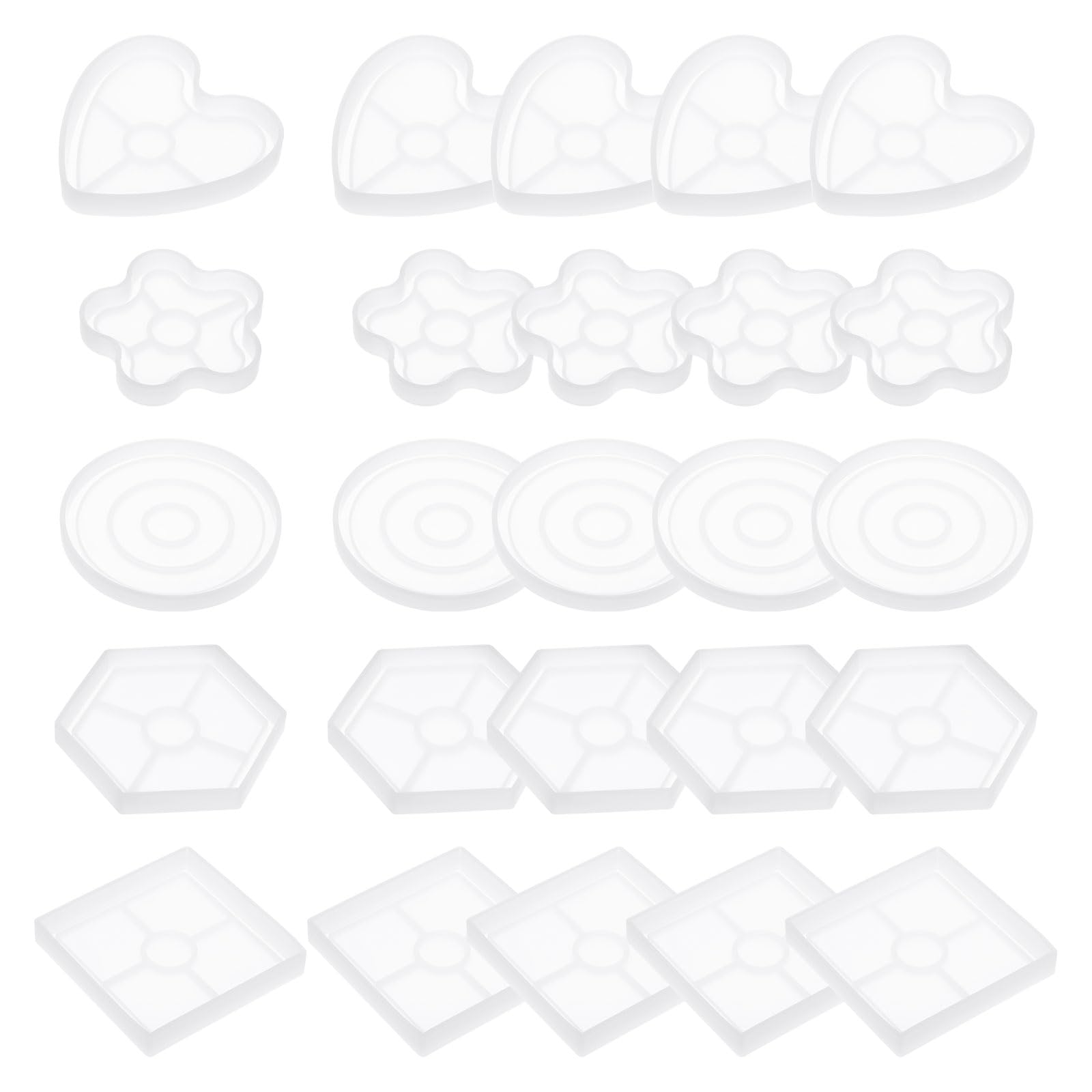 uxcell Resin Silicone Coaster Mold Set (25pcs) 5 Styles Epoxy Mould for Resin Crafts DIY Art Home Decoration, Heart, Flower, Round, Hexagon, Square