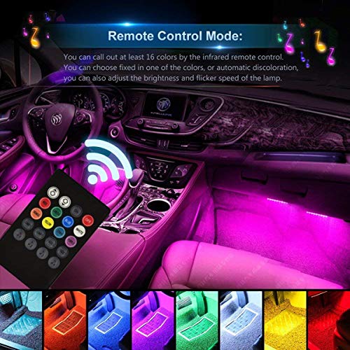 Car LED Strip Light, EJ's SUPER CAR 4pcs 36 LED DC 12V Multicolor Music Car Interior Light LED Under Dash Lighting Kit with Sound Active Function and Wireless Remote Control, Car Charger Included