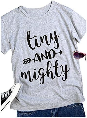 HDLTE Women T Shirts Short Sleeve Tiny Mighty Letters Printed O-Neck Tee Shirt Blouse (Gray, XL)