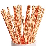 Webake 100 Pack Chevron Paper Straws Wave Patterned Drinking Straws Bulk 7.75 Inch Disposable Biodegradable Restaurant Supplies Halloween Party Decoration Orange Striped