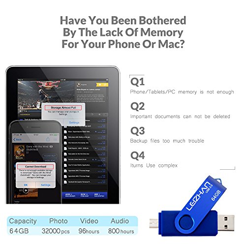 LEIZHAN Flash Drive 128 gb USB Drive OTG Android Phone Pen Drive Pendrive USB 2.0 Memory Stick for Samsung Galaxy, Xiaomi,LG,Sony, One-Plus,HTC, Meizu Blue
