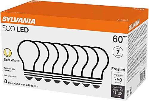 SYLVANIA ECO LED Light Bulb, A19 60W Equivalent, Efficient 9W, 7 Year, 750 Lumens, 2700K, Non-Dimmable, Frosted, Soft White - 8 Count (Pack of 1) (40821)