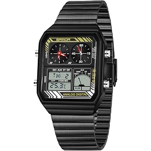 FANMIS Retro Men's Steel Band Digital Watch with Temperature Display 5ATM Water Resistant Sports Wristwatch LED Backlight, Al