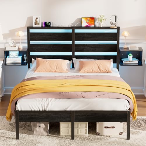 FURRIFIC Cama Matrimonial con 2 Mesitas de Noche Flotantes, Base Matrimonial con Cabecera Almacenamiento, Marco con Luces LED RGB, Estación de Carga, Amplio Espacio Inferior, Estructura de Cama Negra