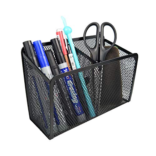 Black Wire Magnetic Pencil Holder - 2 Generous Compartments Magnetic Storage Basket Organizer - Extra Strong Magnets - to Hold Whiteboard, Refrigerator, Locker Accessories