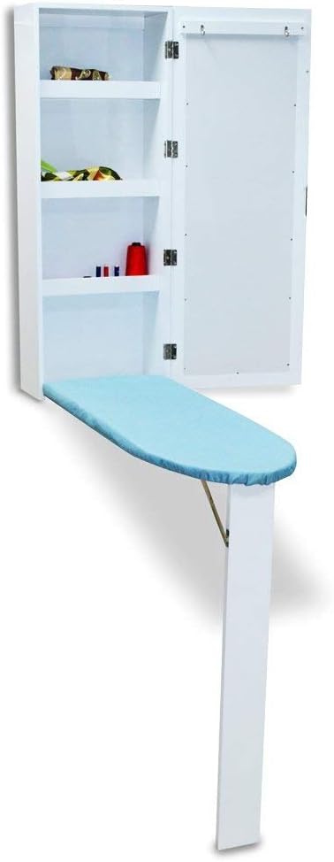 OfficeWinner Wall Mount Ironing Board Cabinet MDF wood with Mirror and Storage Shelves, Fold Away, White