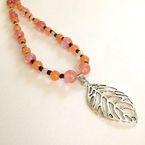 Cherry Quartz and Orange Jade Gemstone Bead Silver Leaf Pendant Necklace