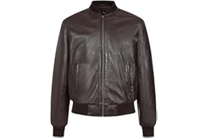 Men's Casual Dark Brown Genuine Sheepskin Leather Bomber Classic Jacket with Ribbed Collar and Cuffs, Full Zip Front