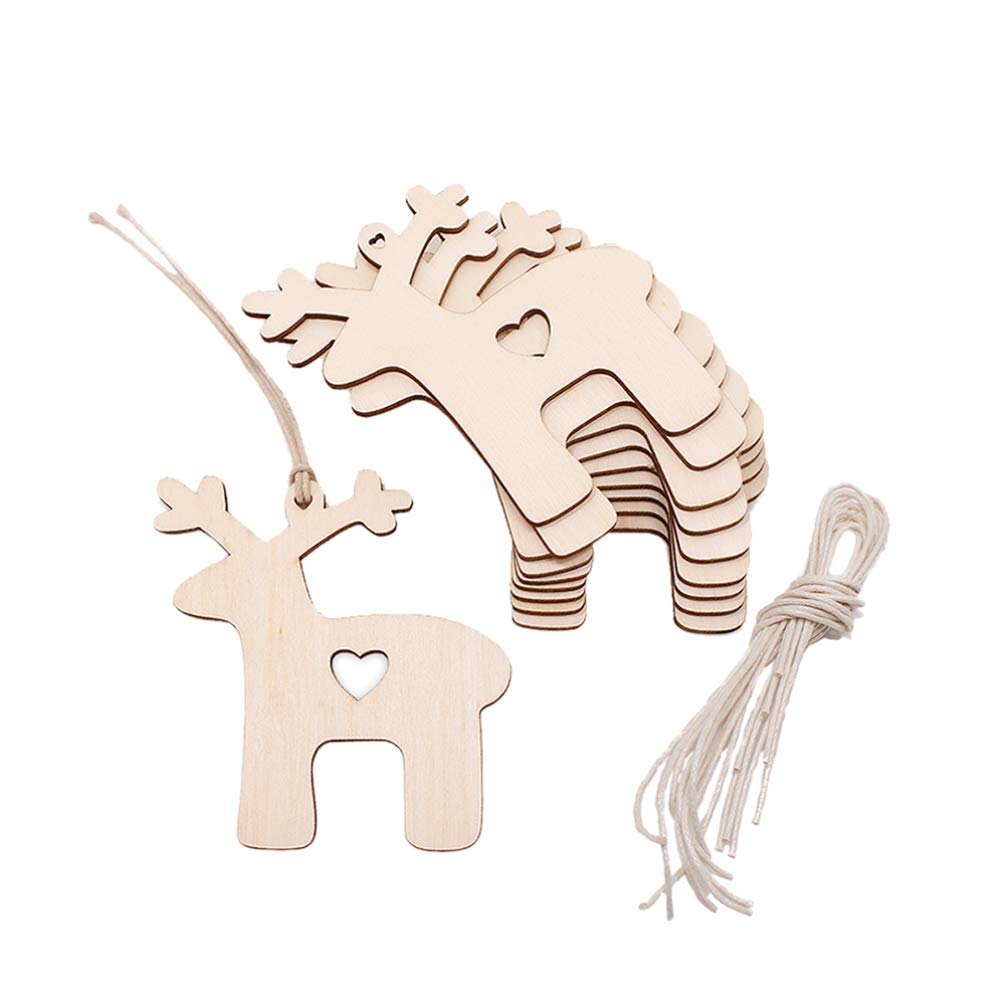 30pcs Christmas Wooden Gift Tags with Holes and Jute Twines Christmas Unfinished Wood Heart Reindeer Cutouts Shapes Ornaments Wooden Slices for DIY Craft Painting