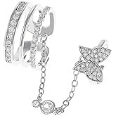 Delicate CZ Butterfly Open Rings for Women Silver Plated Fashion Cubic Zirconia Pendant Chain Layered Band Wrap Finger Rings Adjustable Comfort Fit Charms Drop Animal Engagement Wedding Jewelry