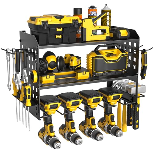 Yeabett 3 Level Tool Wall Mount, Tool Storage for 4 Power Tools, Tool Wall Mount for Garage, Workshop, 42.5 x 20 x 31 cm (Black)