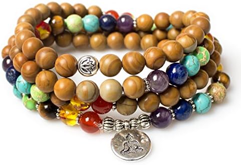Jewelry,8MM Wood Jasper Healing Stone 108 Buddhist Prayer Mala Beads Buddha 7 Chakra Bracelet Necklace