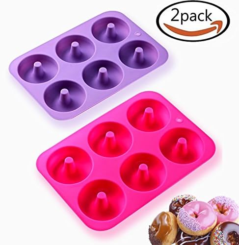 Non-Stick Silicone Donut Baking Pan -2Pack 6 Cup Donut Maker Mold Full Size Perfect Shaped For Cake Donuts or Soap Making (Pink &amp; Purple)