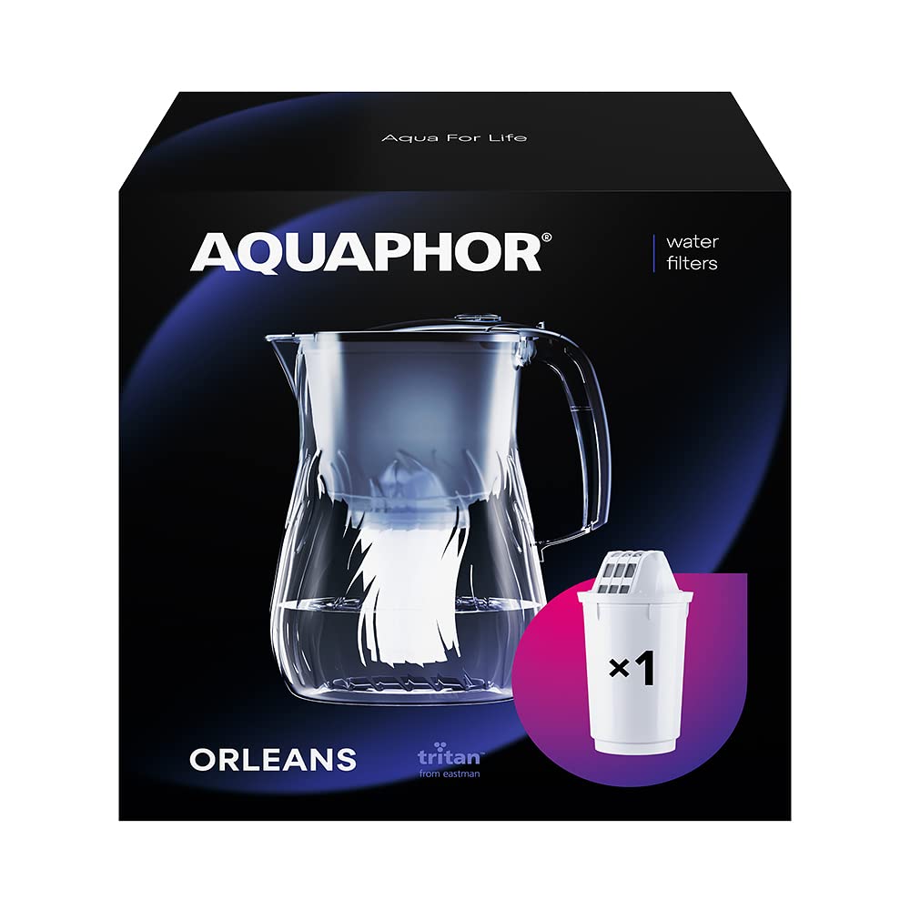 AQUAPHOR Orleans Water Filter Jug 4.2L, for reduction of limescale, Chlorine and other impurities, 1x A5 350 litre Added Magnesium Cartridge - Premium Water Filter jug in Glass effect. Black
