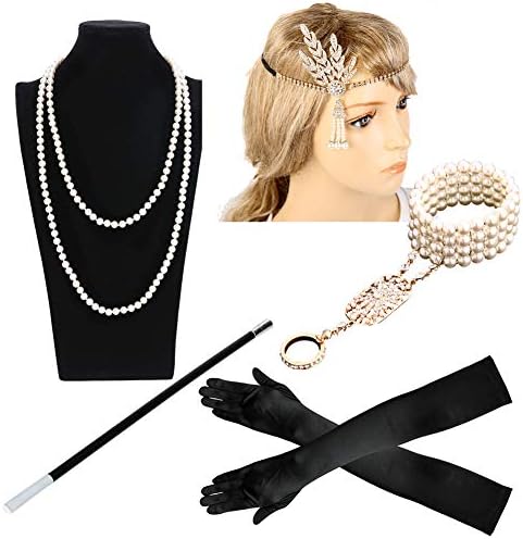 1920s Flapper Gatsby Costume Accessories Set - Feather Headband/Pearl Necklace/Long Gloves/Cigarette Holder