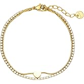 AeonArc Heart Bracelet for Women, 18K Gold Plated Dainty Double Layer Bracelet with CZ, Gold Charm Bracelets for Women, Trendy Jewelry Gift