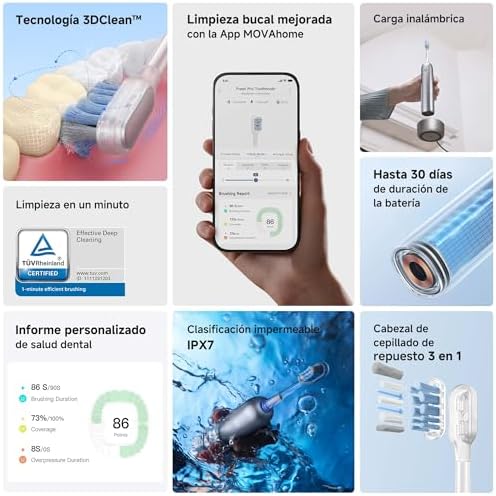 Fresh Pro 3DClean cepillo de dientes con aplicación, Recargable para adultos, 2 cabezales de cepillado 3-en-1 y estuche de viaje, 30 días de duración de la batería, Plateado