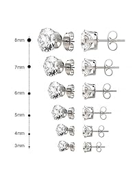 UHIBROS Womens Stainless Steel Stud Earrings Set Hypoallergenic Pierced Cubic Zirconia 18K White Gold pated 6 Pairs 3-8mm