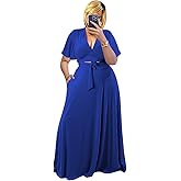 Plus Size Women's 2 Piece Outfits Casual Short Ruffle Sleeve Wrap Crop Top Maxi Long Dress Flowy Matching Sets