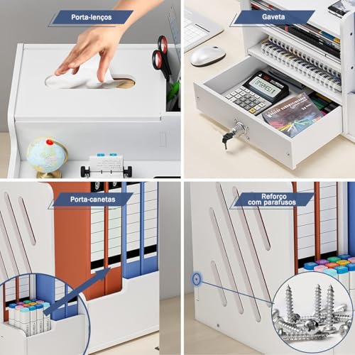 Organizador de Mesa com Gavetas,Organizador de Escritorio Oficina para Papéis, Material de Escritório e Papelaria, Bandeja de Mesa Branca para Artigos de Papelaria